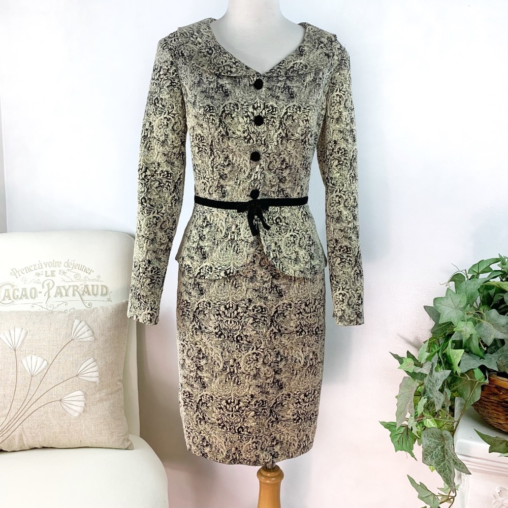 Julian Taylor Gold Metallic Floral Damask Jacket Skirt Suit Size 8